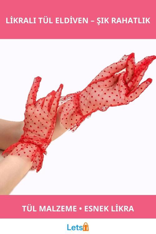 Kısa Boy Likralı Güpürlü Yetişkin Tül Eldiven