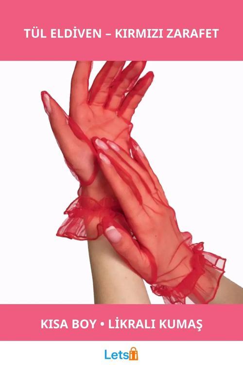 Kısa Boy Likralı Güpürlü Yetişkin Tül Eldiven Kırmızı