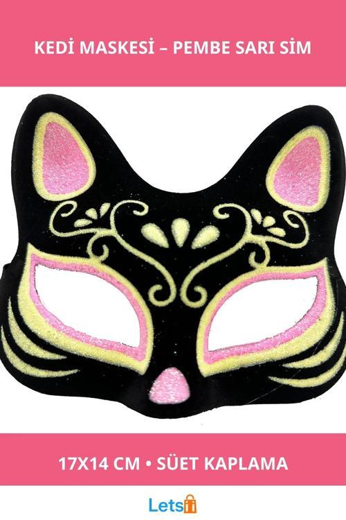 Süet Pembe Sarı Şık Kedi Maskesi 17x14 cm