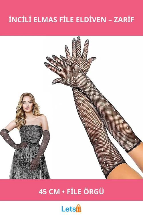 Siyah İncili Elmas File Örgü Uzun Eldiven
