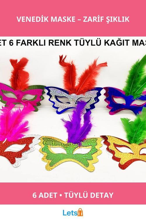Tüylü Kağıt Venedik Balo After Maskesi 6 Adet
