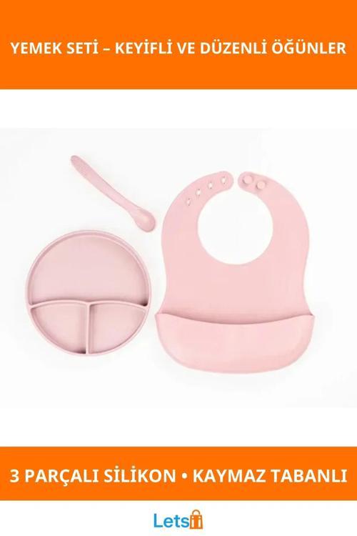 Pembe 3 Bölmeli Kaymaz Vakumlu Silikon Tabak Diş Kaşıyıcılı Kaşık ve Ayarlanabilir Mama Önlüğü