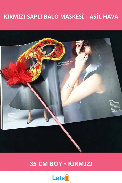 Lüks Taşlı Saplı Kırmızı Balo Maskesi 35 cm