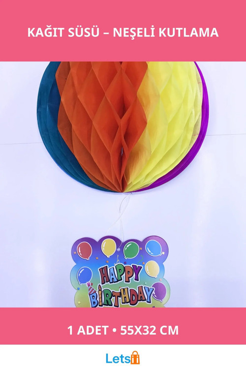 Happy Birthday Kağıt Süsü 55 cm Renkli Parti Dekorasyonu