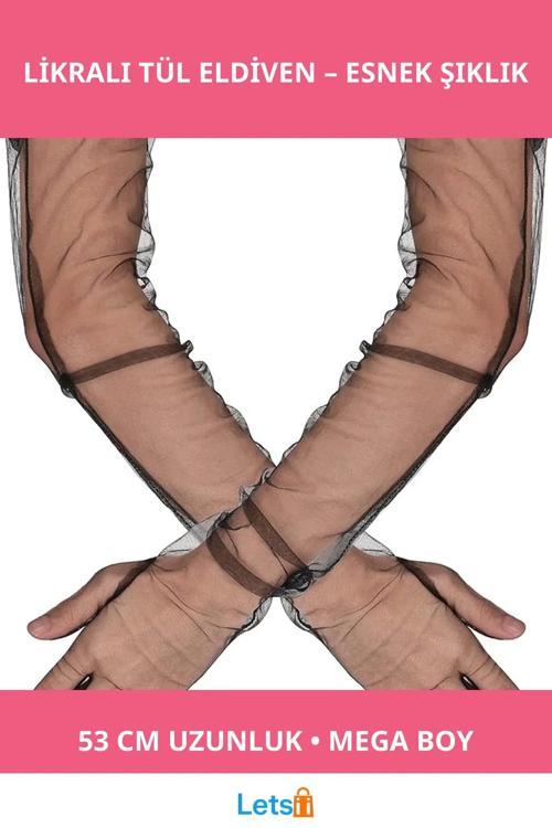 Uzun Boy Likralı Siyah Mega Tül Eldiven 53 cm