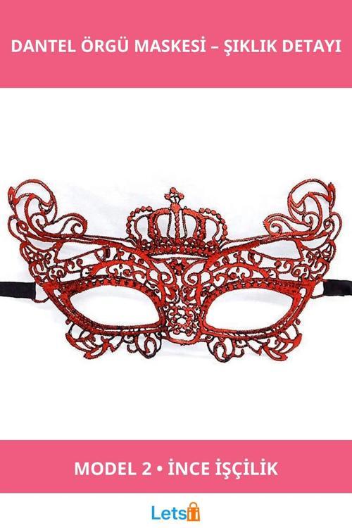 Kırmızı Renk Dantel Örgü İşlemeli Şık Parti Maskesi