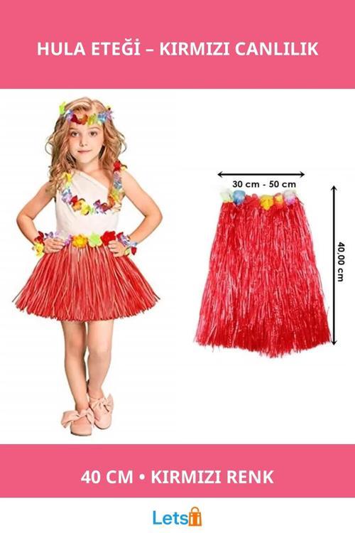 Parlak Kırmızı Havai Hula Eteği 40 cm Ayarlanabilir Lastik Bel