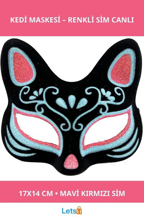 Siyah Süet Mavi Kırmızı Simli Kedi Maskesi 17x14 cm