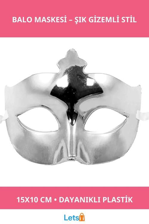 Gümüş Parlak Dayanıklı Plastik Balo Maskesi 15x10 cm