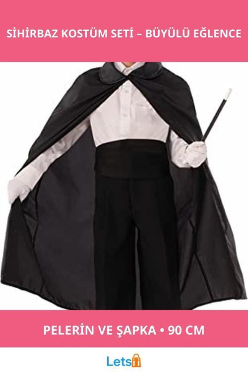 Siyah Renk Sihirbaz Pelerini ve Şapkası 90 cm Çocuk Kostümü