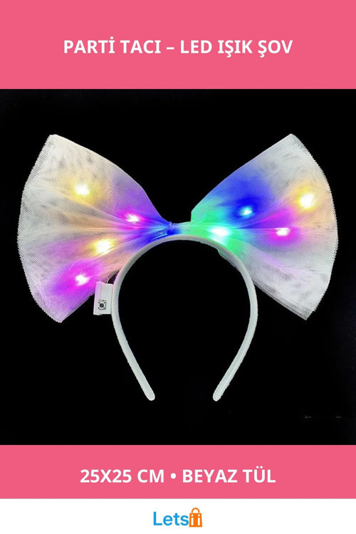Rengarenk LED Işıklı Fiyonk Tül Parti Tacı Beyaz 25x25 cm