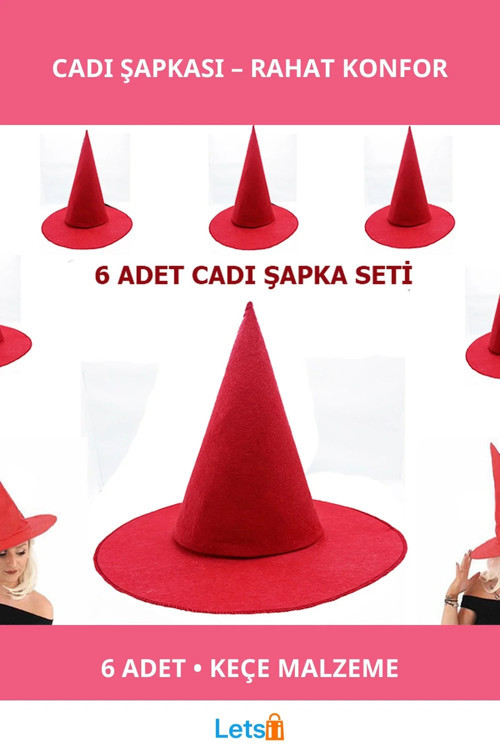 Kırmızı Keçe Cadı Şapkası Yetişkin ve Çocuklar İçin 6'lı