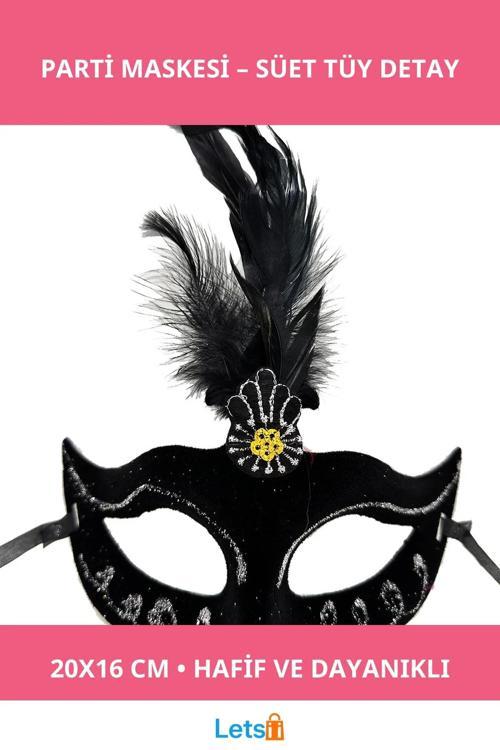 Siyah Tüylü Şık Süet Parti Maskesi 20x16 cm