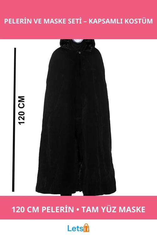 Siyah Kapüşonlu 120 cm Pelerin ve Beyaz Boyanabilir Tam Yüz Maske Kostüm