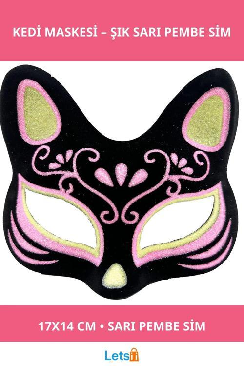 Siyah Süet Sarı Pembe Simli Kedi Maskesi