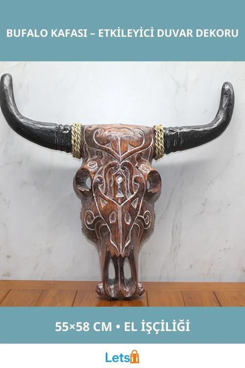 Doğal Ahşap El İşçiliği Duvara Asmalı Bufalo Kafası 55x58 cm