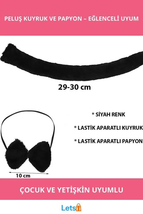 Yumuşak Peluş Siyah Kuyruk ve Papyon Aksesuar Takımı