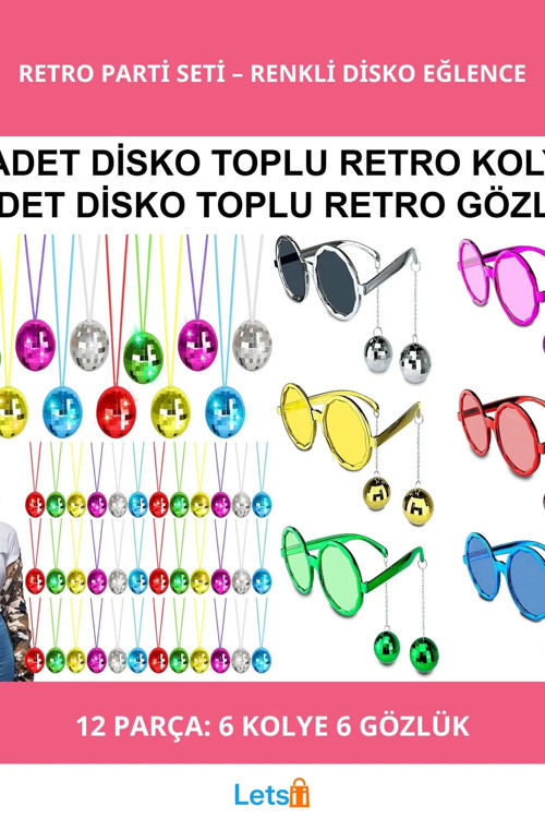 12 Parça Renkli Disko Toplu Retro Kolye ve Gözlük Seti