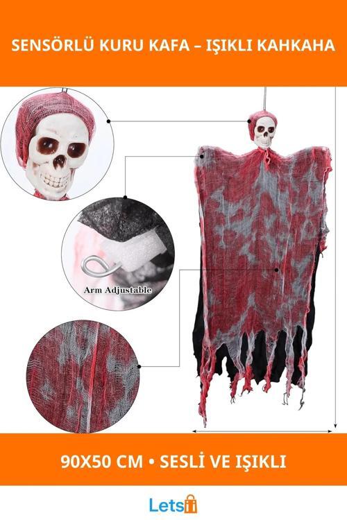 LED Işıklı Kahkaha Atan Sesli Sensörlü Kuru Kafa
