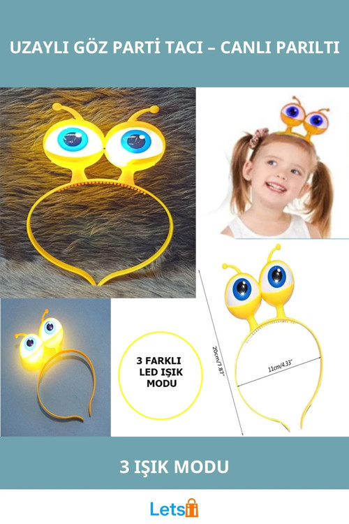 LED Işıklı Pilli Uzaylı Göz Parti Tacı Sarı Renk