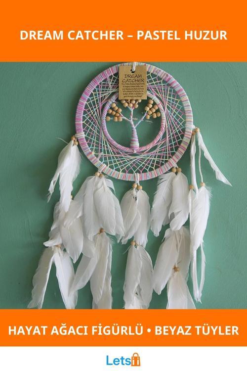 Pastel Rüya Kapanı Beyaz Tüyler İle Hayat Ağacı Figürlü Dekorasyon