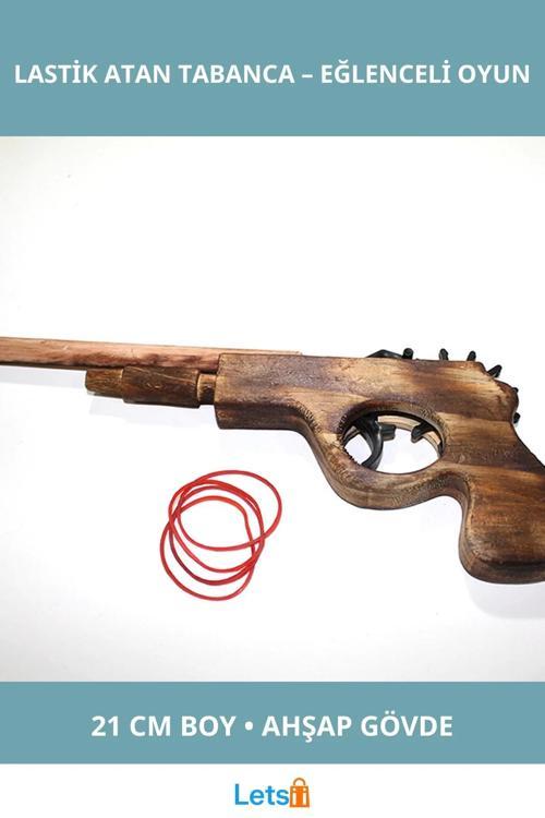 Ahşap Lastik Atan Tabanca 21 cm Eğlenceli Oyun Aracı