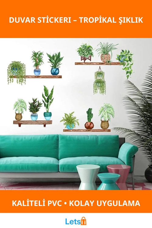 Yeşil Yapraklı Tropikal Bitkiler Duvar Stickerı 90x35 cm 10 Adet
