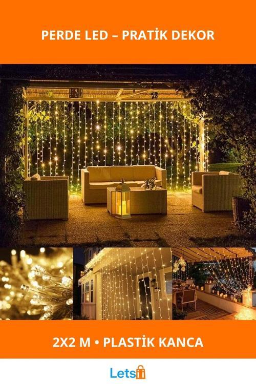 2x2 Metre Plastik Kancalı Sarı Işık Perde LED Aydınlatma