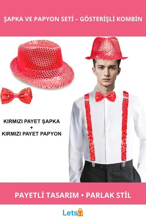 Kırmızı Payetli Işıl Işıl Şapka ve Papyon Takımı Şıklık ve Eğlence İçin