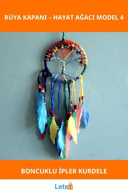 Rüya Kapanı Hayat Ağacı Modeli 4 Renkli İpler ve Boncuklar ile Tasarlanmış