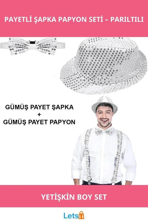 Gümüş Payetli Parıltılı Şapka ve Papyon Kostüm Aksesuarı