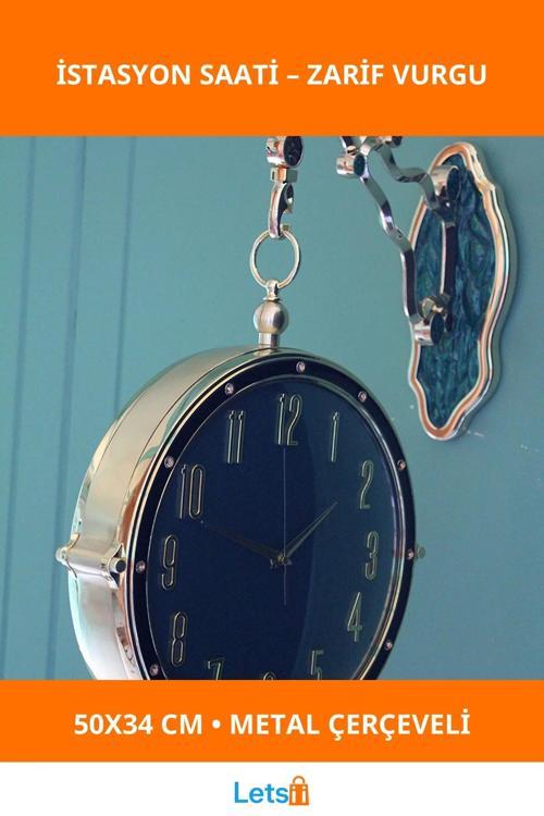 Metal Çerçeveli Modern Duvara Asmalı İstasyon Saati 50x34 cm
