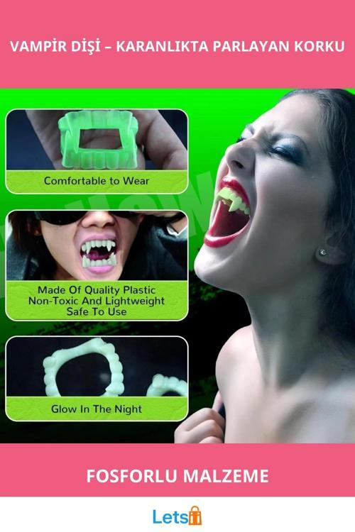 Fosforlu Çift Damak Takma Vampir Dişi Karanlıkta Işıldayan Kostüm Aksesuarı