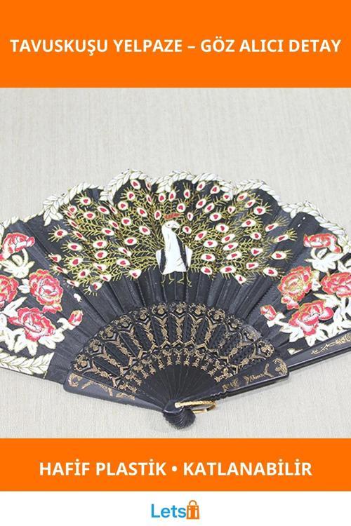 Şık Estetik Plastik Tavuskuşu Desenli Katlanabilir Yelpaze