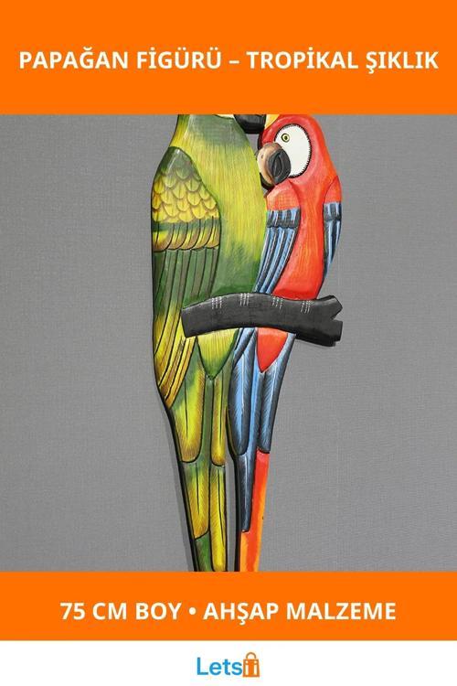 El İşçiliği ile Üretilmiş Ahşap Duvara Asmalı 2'li Papağan Figürü 75 cm