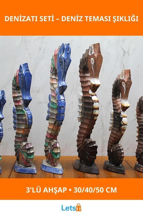 Ahşap 3'lü Denizatı Dekoratif Figür Seti 30, 40 ve 50 cm