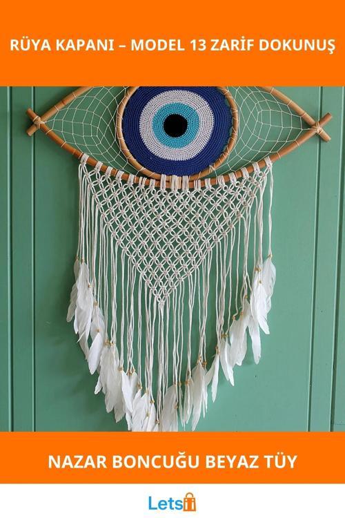 Nazar Boncuğu İpli Beyaz Tüylerle Zarif Rüya Kapanı Dream Catcher