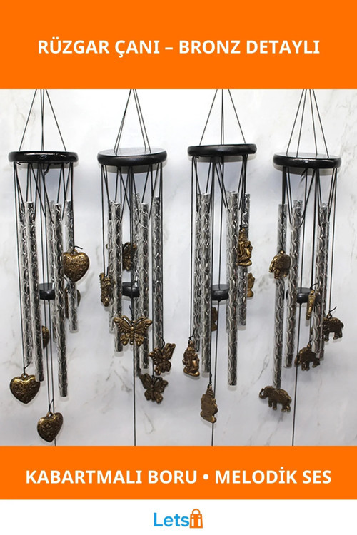 Bronza Detaylı Metal Rüzgar Çanı 4 Figürlü Bahçe Dekorasyonu
