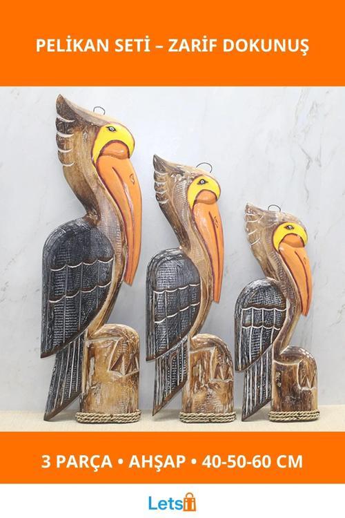 Ahşap 3'lü Pelikan Dekoratif Figür Seti 40 50 60 cm