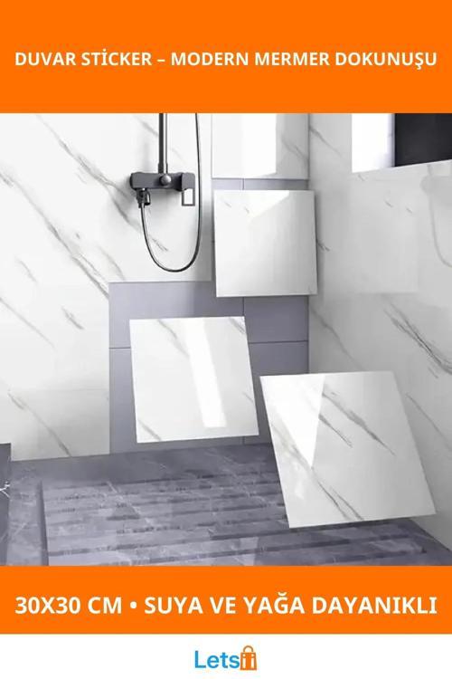 Beyaz Mermer Desenli Su Geçirmez Dayanıklı Alüminyum Plastik Duvar Sticker 30x30 cm