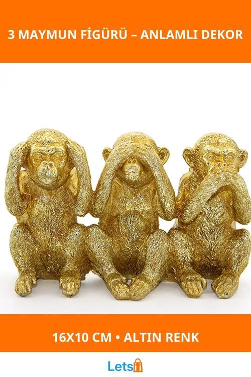 Altın Renkli Polyester 3 Maymun Figürü Görmedim Duymadım Bilmiyorum