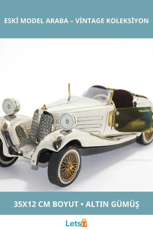 Pirinç Eski Model Araba Figürü 35x12 cm Metalik Gümüş Altın Detaylı