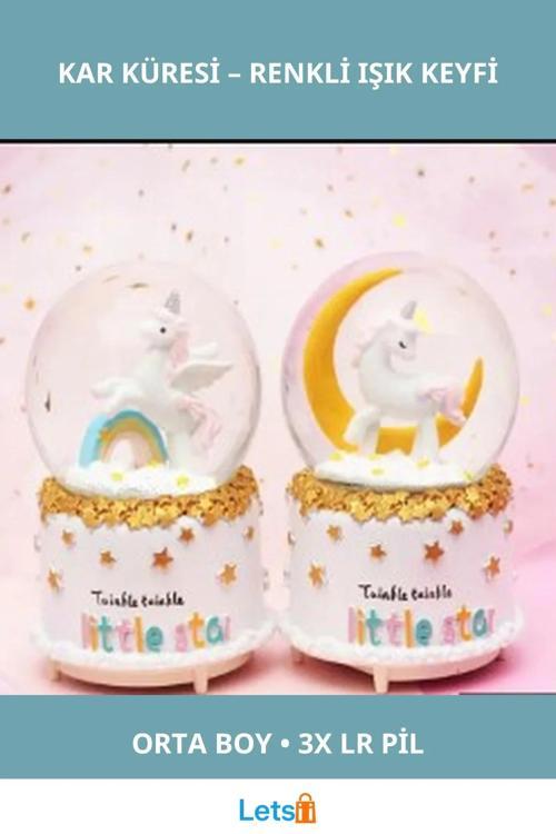 Unicorn Kar Küresi Orta Boy 3D Yıldız Desenli Renk Değiştiren Işık