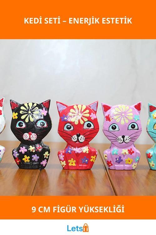 El Yapımı Renkli Ahşap Kedi Figürleri 5'li Set