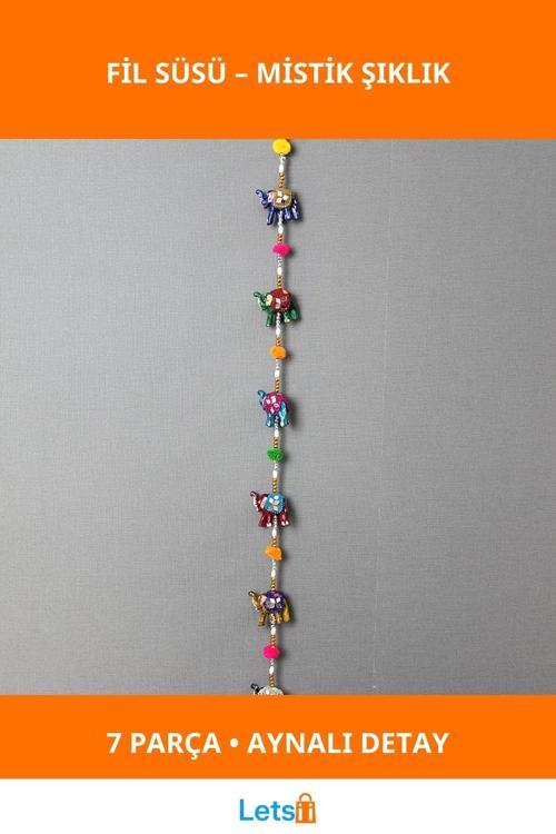 El Yapımı 7'li Asmalı Aynalı Fil Süsü Renkli Dekorasyon