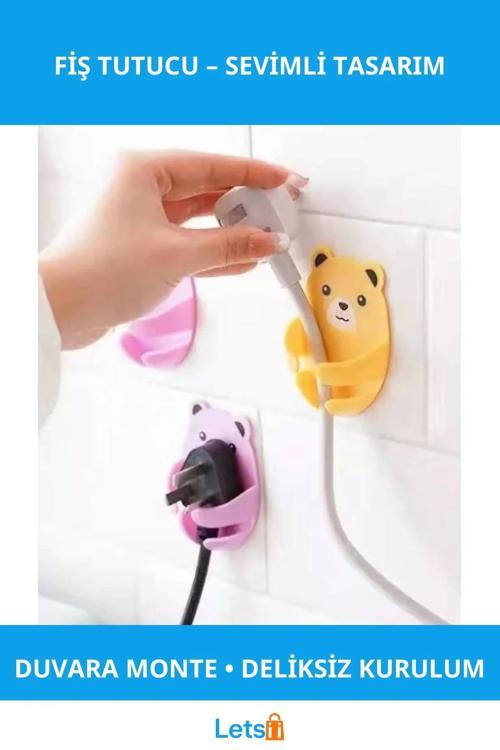 Sevimli Ayıcık Desenli Duvara Monte Fiş Tutucu 4'lü Set