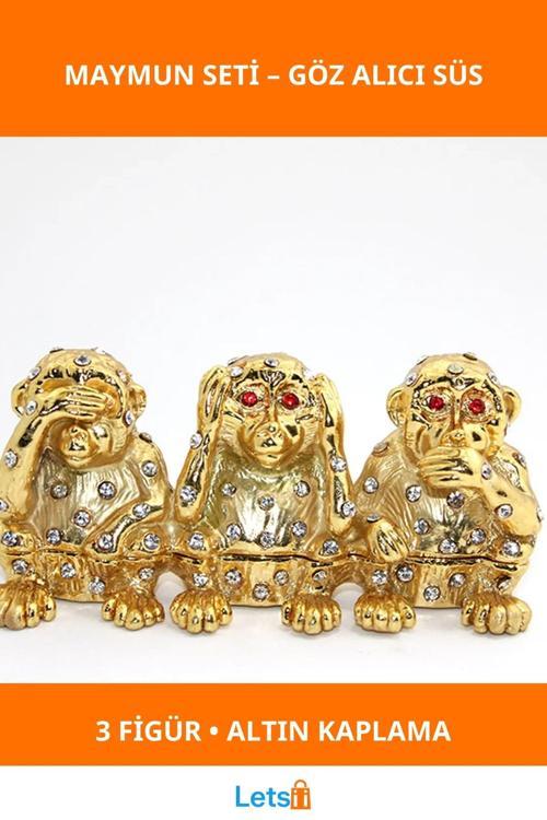 Swarovski Taşlı Altın Kaplama Dekoratif Maymun Figürü 3'lü Set