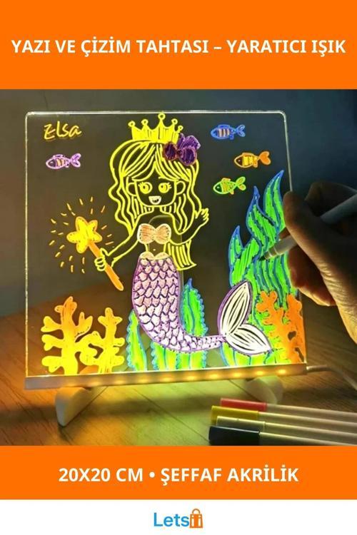 LED Aydınlatmalı Tahta Yazı ve Çizim 20x20 cm Küçük Boy