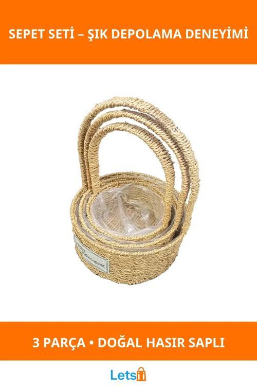 Yuvarlak Doğal Hasır Saplı Sepetler 3'lü Set