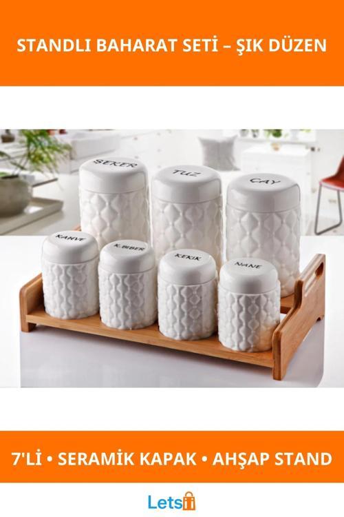 Şık Ahşap Standlı Beyaz Seramik Kapaklı 7 Adet Baharatlık Takımı